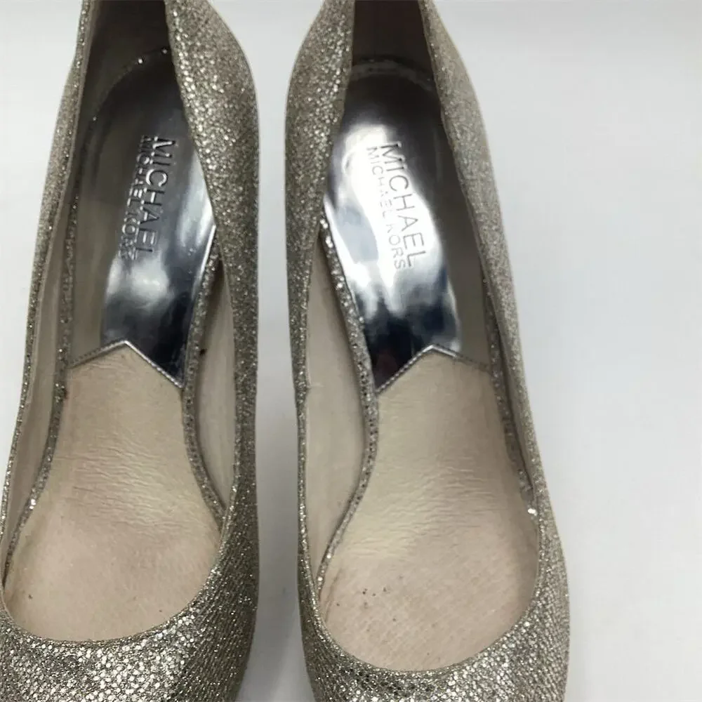 Michael Kors Silver Glitter Peep Toe Platform Heels Size 10‎ Women's